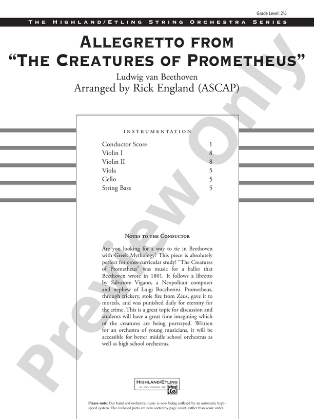 Allegretto from The Creatures of Prometheus – String Orchestra Conductor Score & Parts (Digital Download)