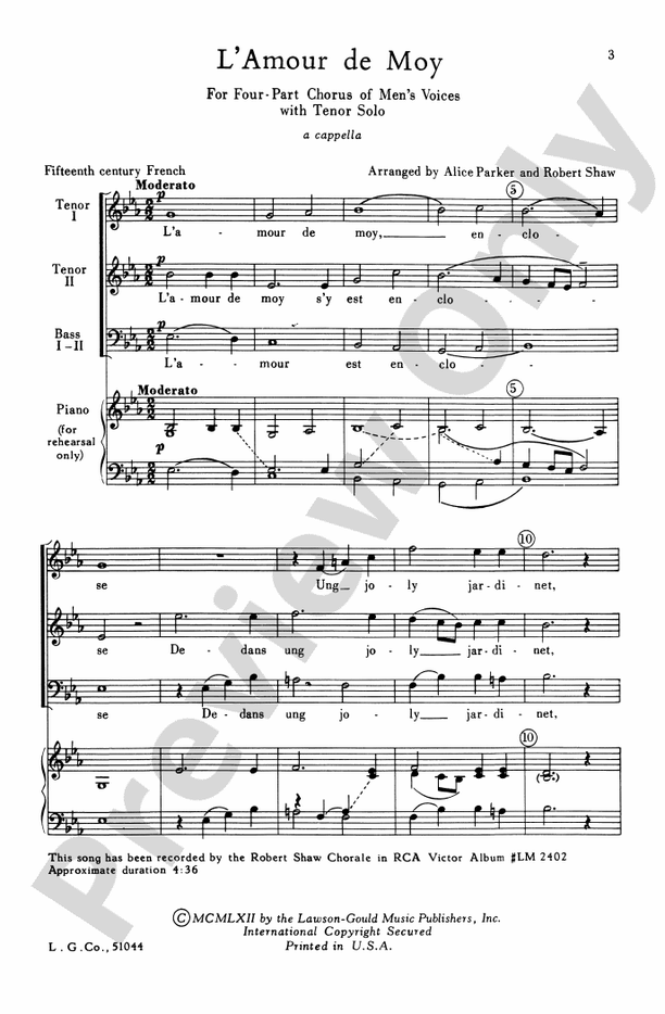 L'Amour De Moy – TTBB Choral Octavo (Digital Download)