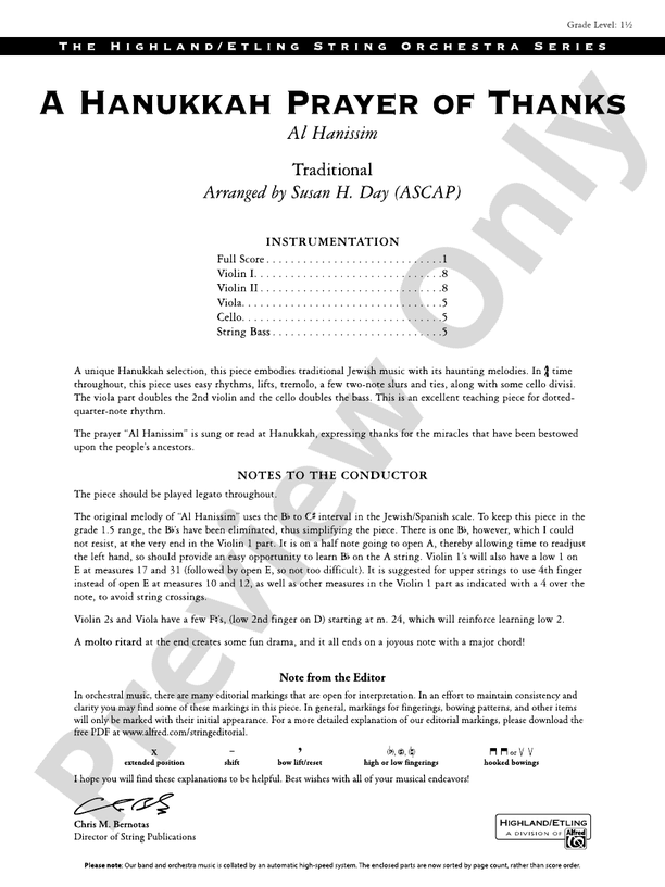 A Hanukkah Prayer of Thanks - String Orchestra Conductor Score & Parts (Digital Download)