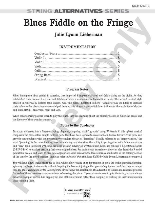 Blues Fiddle on the Fringe – String Orchestra Conductor Score & Parts (Digital Download)
