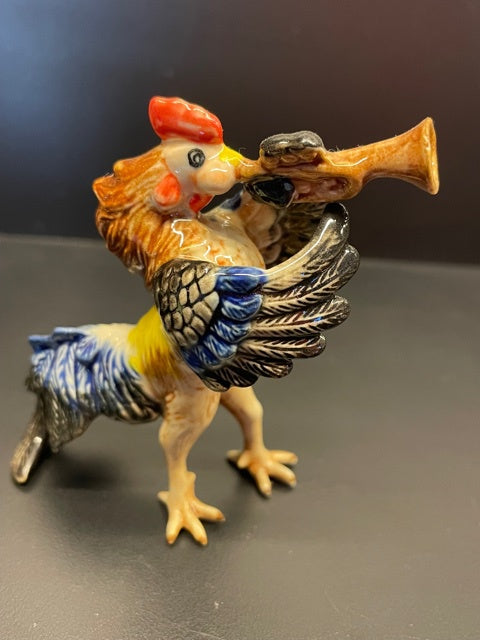Rooster Playing the Trumpet Porcelain Figurine