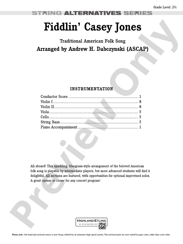 Fiddlin' Casey Jones – String Orchestra Conductor Score & Parts (Digital Download)