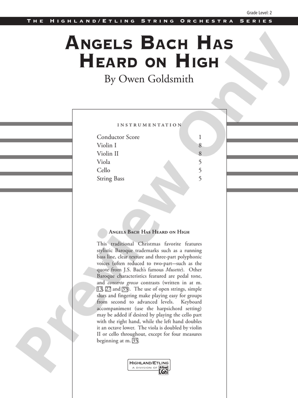 Angels Bach Has Heard on High – String Orchestra Conductor Score & Parts (Digital Download)