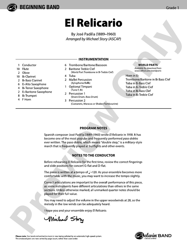 El Relicario (Grade 1) - Concert Band Conductor Score & Parts (Digital Download)