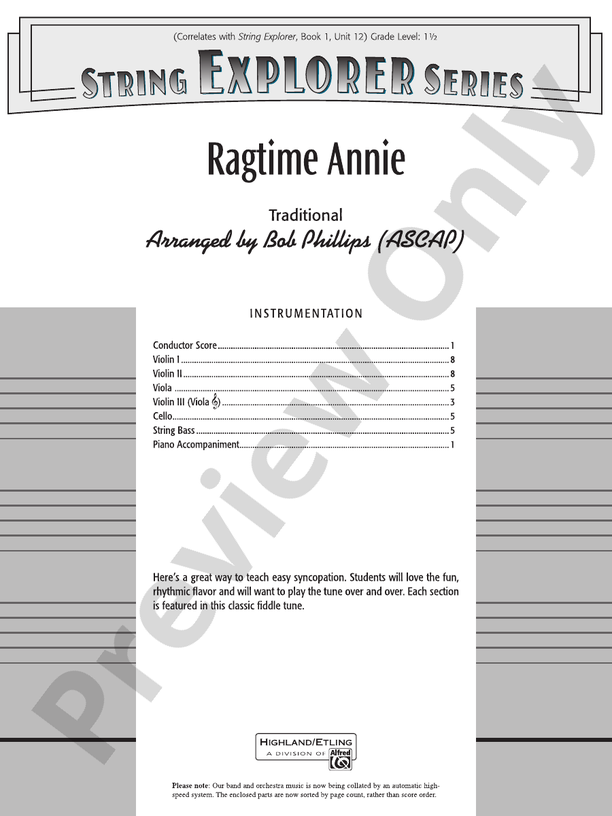 Ragtime Annie – String Orchestra Conductor Score & Parts (Digital Download)