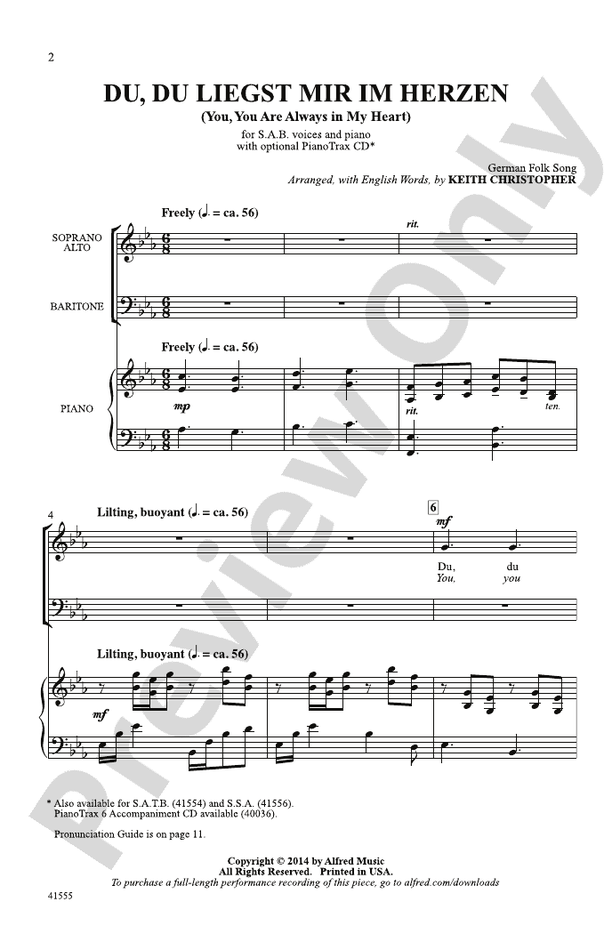 Du, Du Liegst Mir im Herzen – SAB Choral Octavo (Digital Download)