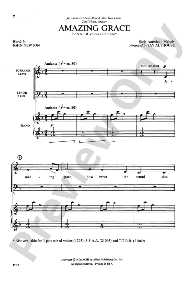Amazing Grace - Arr. Jay Althouse - SATB Choral Octavo (Digital Download)