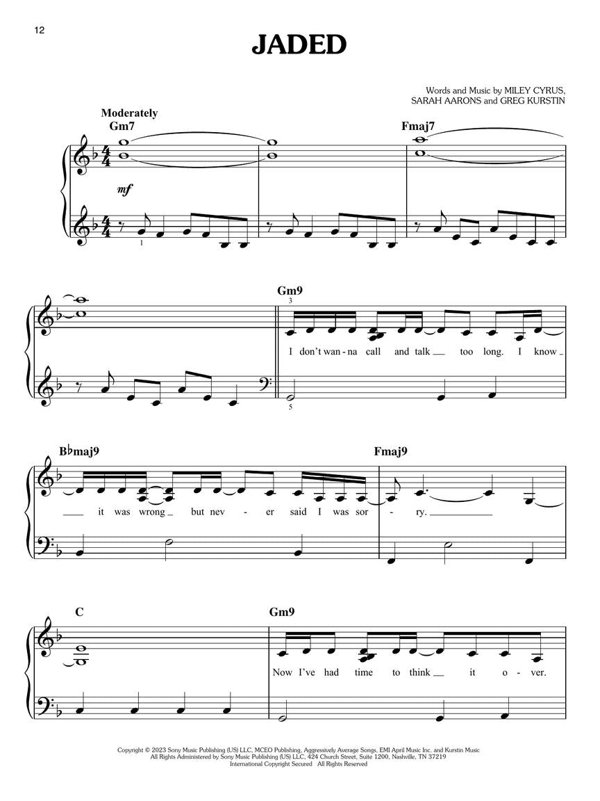 Miley Cyrus - Endless Summer Vacation - Easy Piano Solo Hal Leonard 1229481