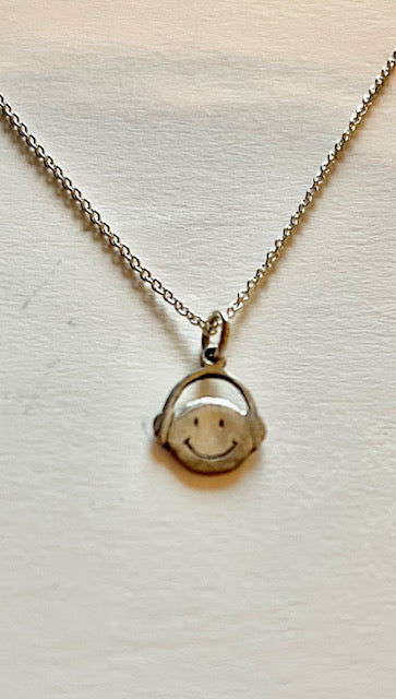 Sterling Silver Chain & Pendant -  Smilie face with headphones. “Life is a song hear a bit.”  40cm chain with 5cm extender.