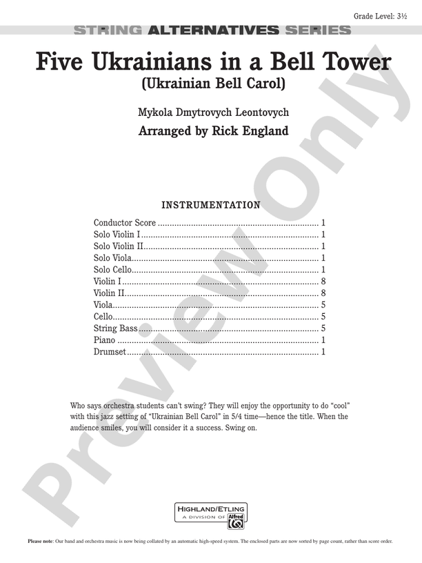 Five Ukrainians in a Bell Tower (Ukrainian Bell Carol) – String Orchestra Conductor Score & Parts (Digital Download)