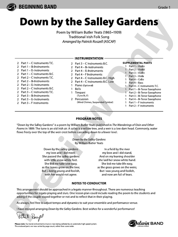 Down by the Salley Gardens (Flexible Arrangement) - Concert Band Conductor Score & Parts (Digital Download)