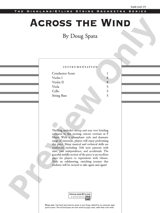 Across the Wind – String Orchestra Conductor Score & Parts (Digital Download)