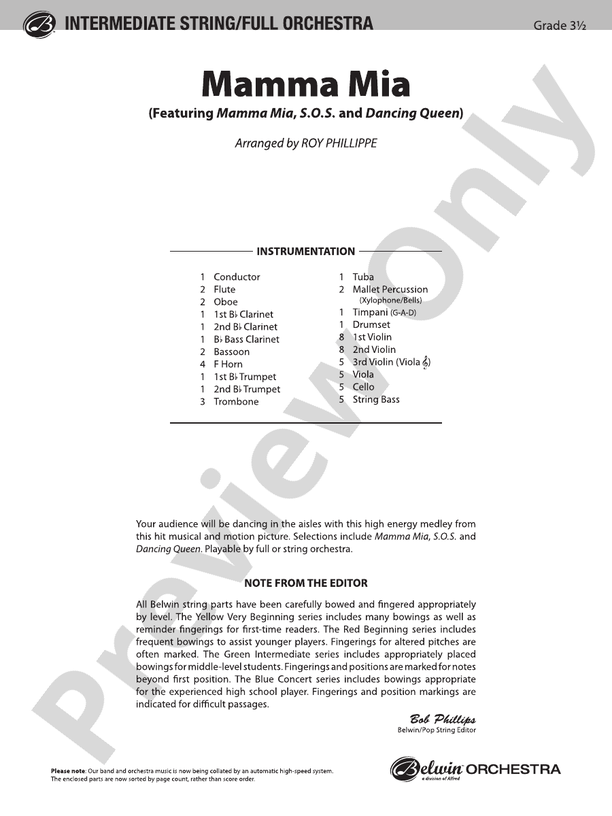 Mamma Mia, Selections from – Full Orchestra Conductor Score & Parts (Digital Download)