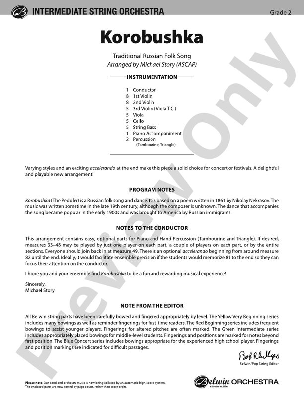 Korobushka - String Orchestra Conductor Score & Parts (Digital Download)