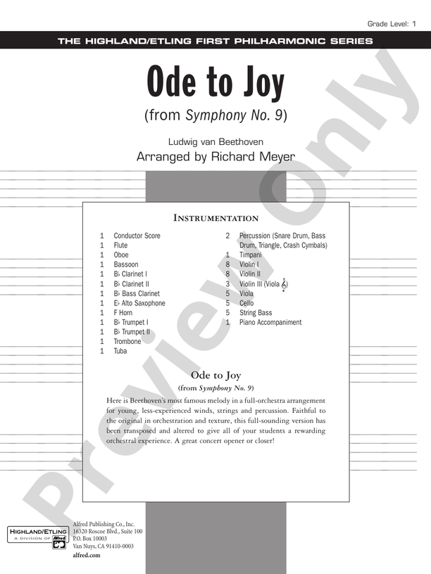Ode to Joy from Symphony No. 9 – Full Orchestra Conductor Score & Parts (Digital Download)