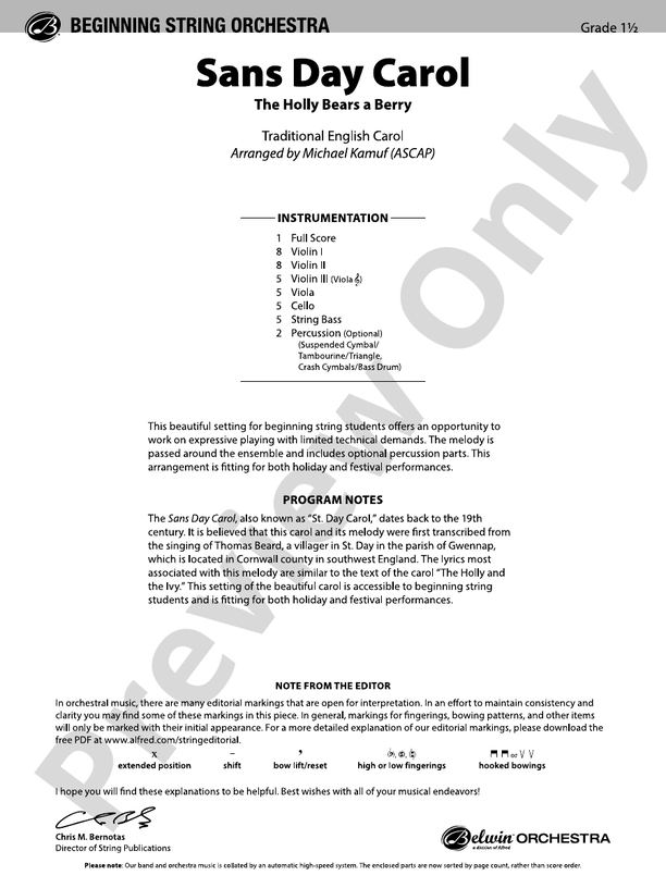 Sans Day Carol - String Orchestra Conductor Score & Parts (Digital Download)