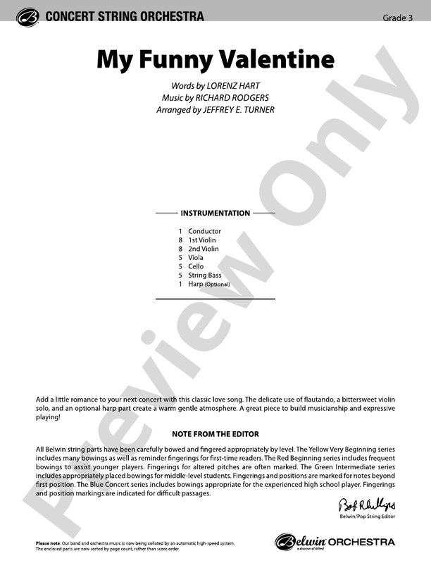 My Funny Valentine – String Orchestra Conductor Score & Parts (Digital Download)