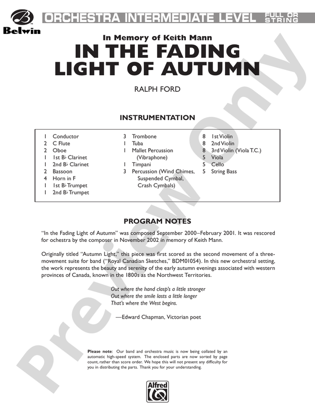 In the Fading Light of Autumn – Full Orchestra Conductor Score & Parts (Digital Download)