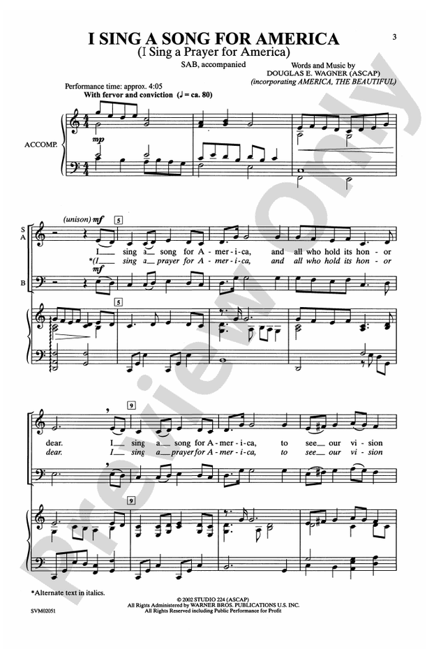 I Sing a Song for America (I Sing a Prayer for America) – SAB Choral Octavo (Digital Download)