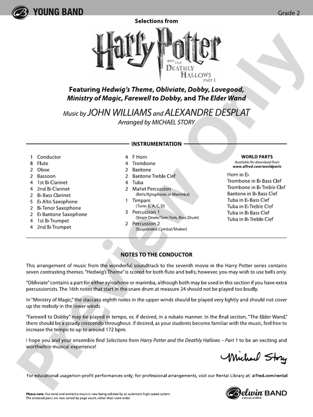 Harry Potter and the Deathly Hallows, Part 1, Selections from - Concert Band Conductor Score & Parts (Digital Download)