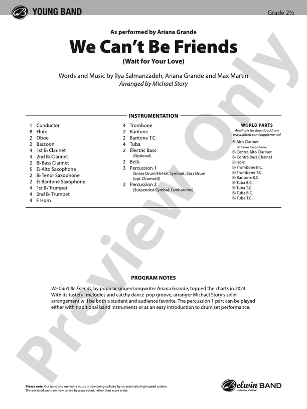 We Can't Be Friends - Concert Band Conductor Score & Parts(Digital Download)