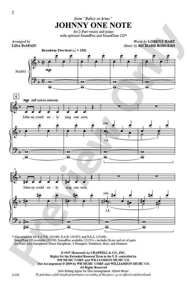 Johnny One Note – 2-Part Choral Octavo (Digital Download)