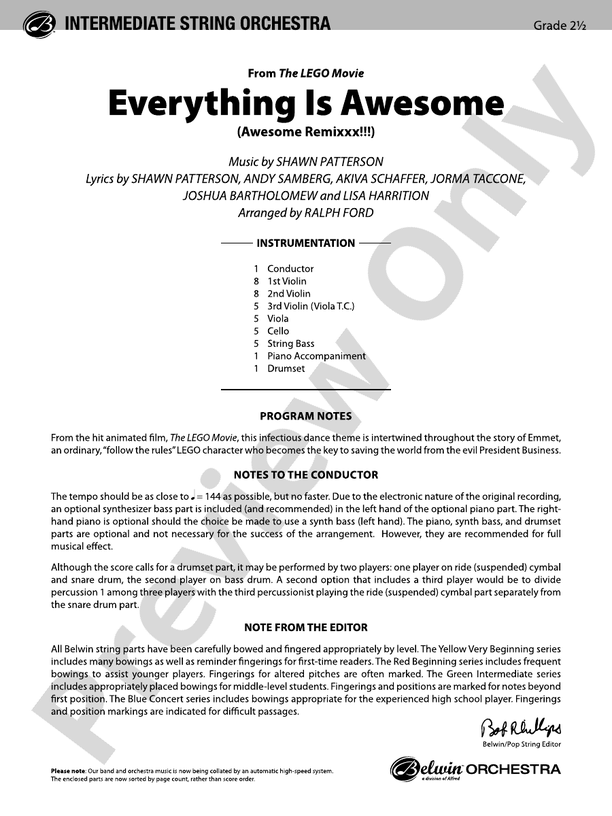 Everything Is Awesome (from The LEGO Movie) – String Orchestra Conductor Score & Parts (Digital Download)