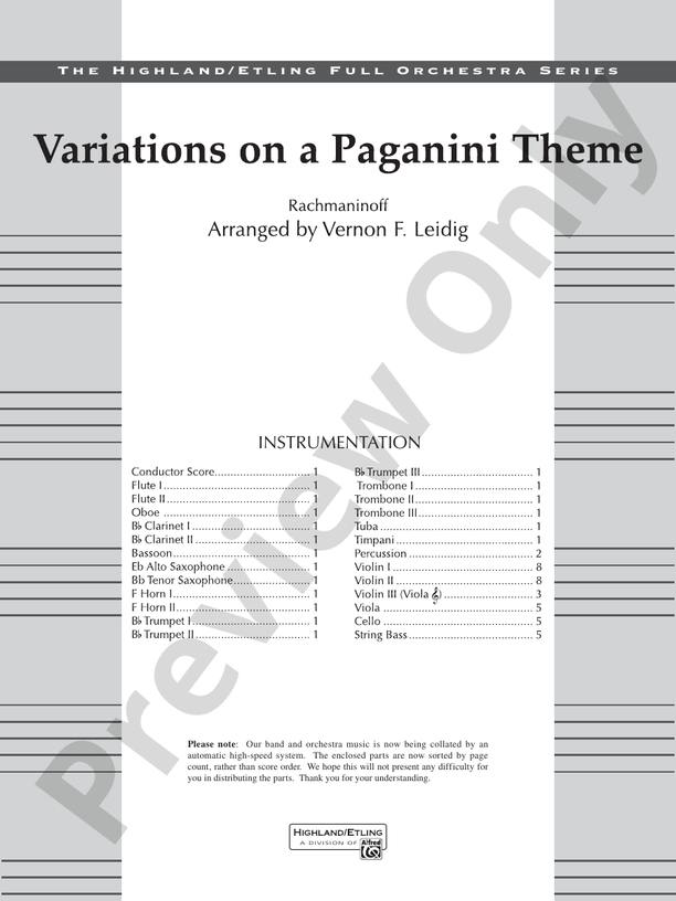 Variations on a Paganini Theme – Full Orchestra Conductor Score & Parts (Digital Download)