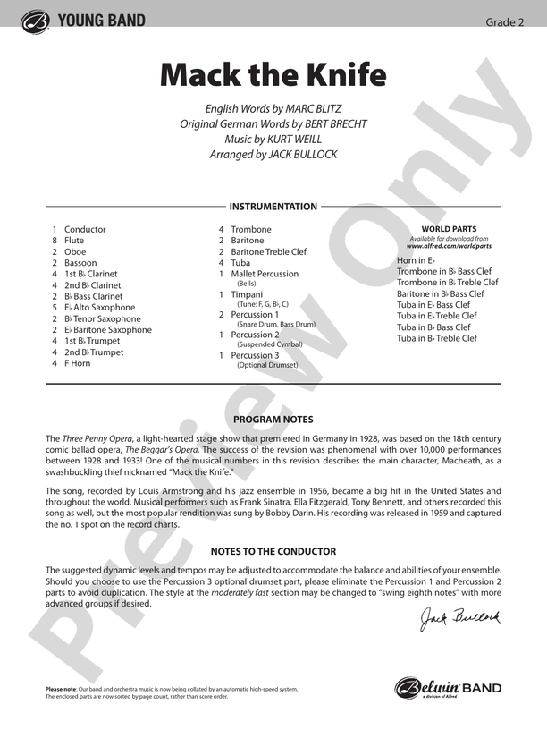Mack the Knife - Concert Band Conductor Score & Parts (Digital Download)