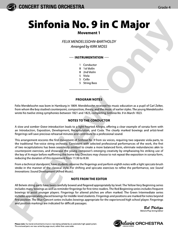 Sinfonia No. 9 in C Major – String Orchestra Conductor Score & Parts (Digital Download)