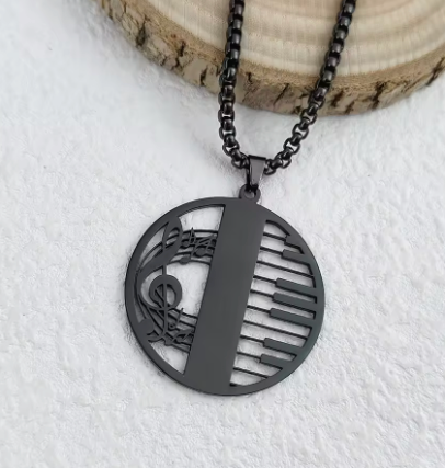 Piano Themed Pendant and Chain Black