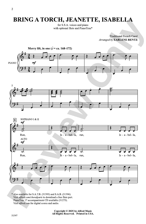 Bring a Torch, Jeanette, Isabella - SSA Choral Octavo (Digital Download)