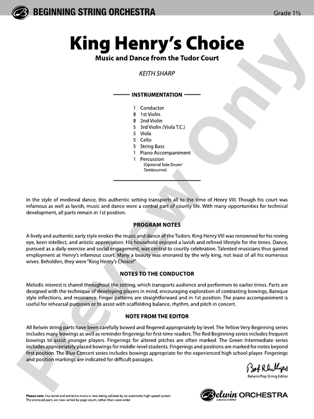 King Henry's Choice – String Orchestra Conductor Score & Parts (Digital Download)