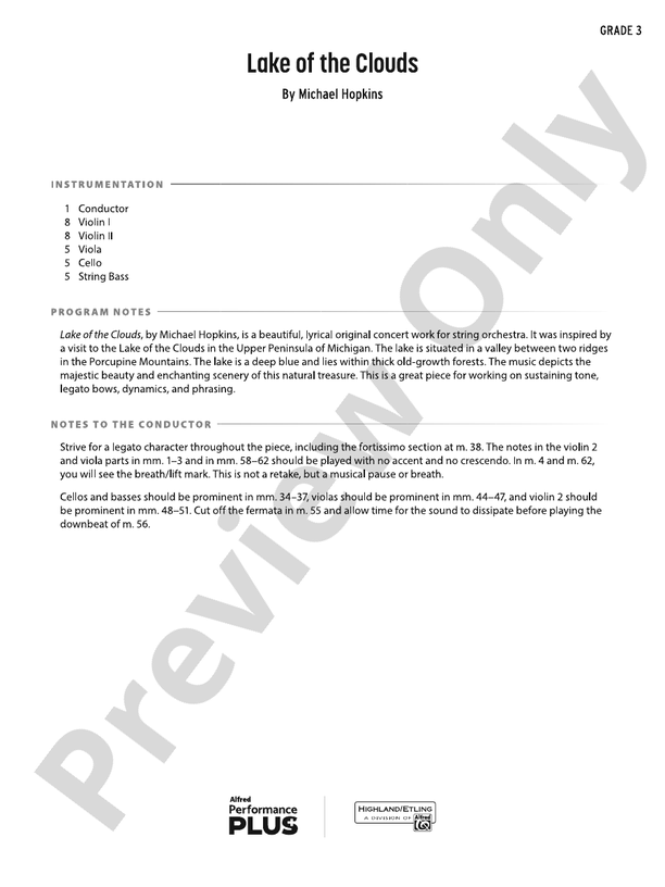 Lake of the Clouds - String Orchestra Conductor Score & Parts (Digital Download)