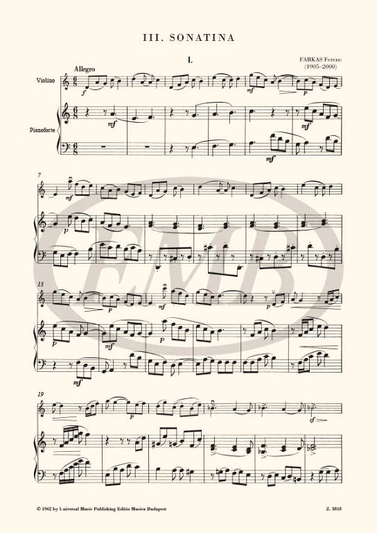 Farkas - Sonatina #3 - Violin/Piano Accompaniment EMB Z3818