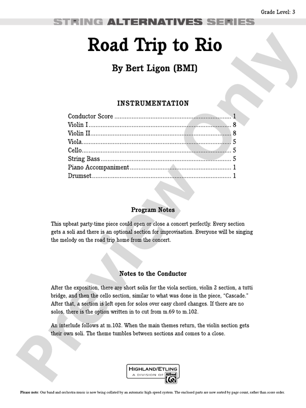 Road Trip to Rio – String Orchestra Conductor Score & Parts (Digital Download)