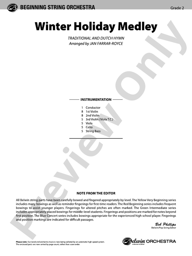 Winter Holiday Medley – String Orchestra Conductor Score & Parts (Digital Download)