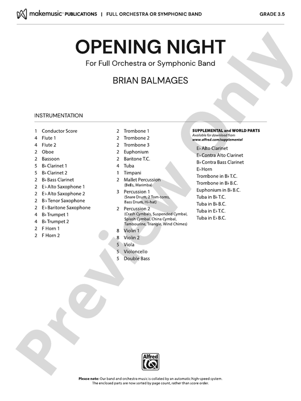 Opening Night – Full Orchestra Conductor Score & Parts (Digital Download)
