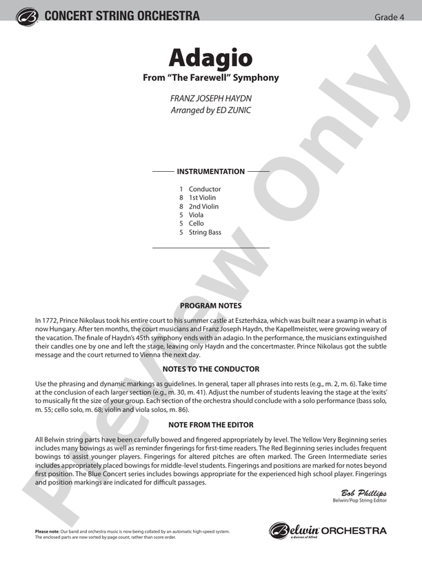 Adagio (from the Farewell Symphony) – String Orchestra Conductor Score & Parts (Digital Download)