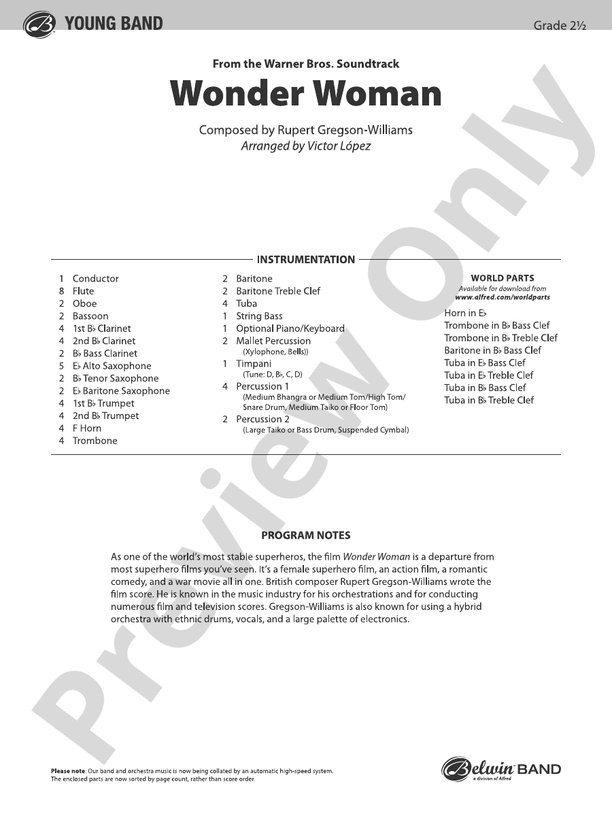 Wonder Woman: From the Warner Bros. Soundtrack - Concert Band Conductor Score & Parts (Digital Download)