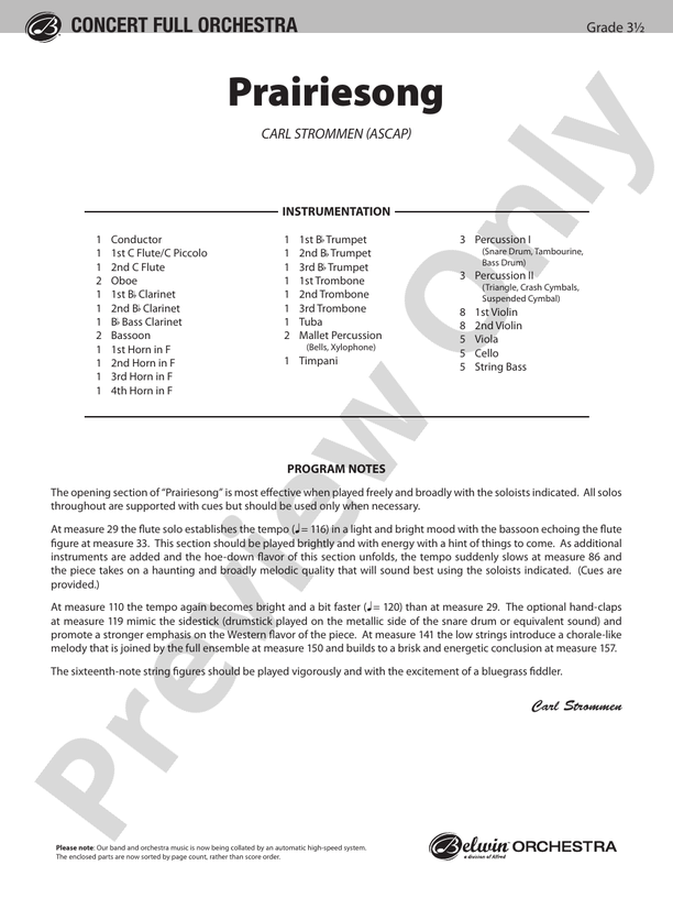 Prairiesong – Full Orchestra Conductor Score & Parts (Digital Download)