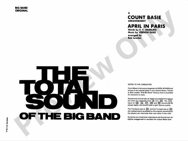 April in Paris (Grade 3) - Jazz Ensemble Conductor Score & Parts(Digital Download)