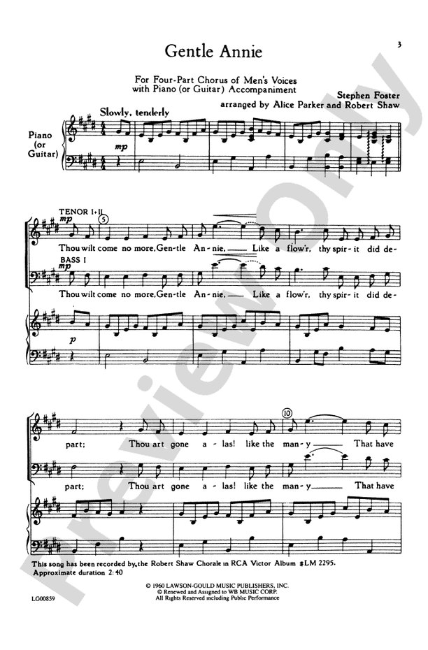 Gentle Annie – TTBB Choral Octavo (Digital Download)