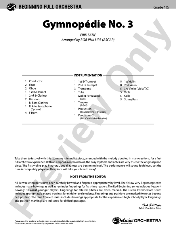 Gymnopédie No. 3 – Full Orchestra Conductor Score & Parts (Digital Download)