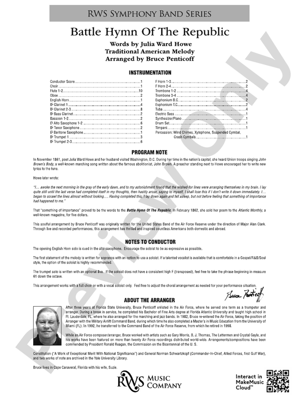 Battle Hymn of the Republic - Concert Band Conductor Score & Parts (Digital Download)