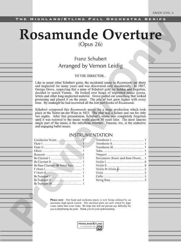Rosamunde Overture, Opus 26 – Full Orchestra Conductor Score & Parts (Digital Download)