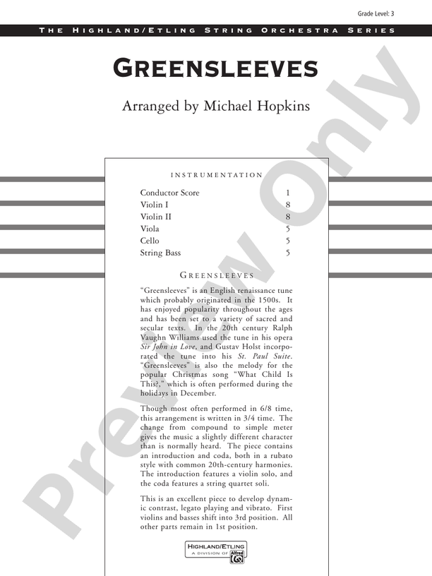 Greensleeves – String Orchestra Conductor Score & Parts (Digital Download)