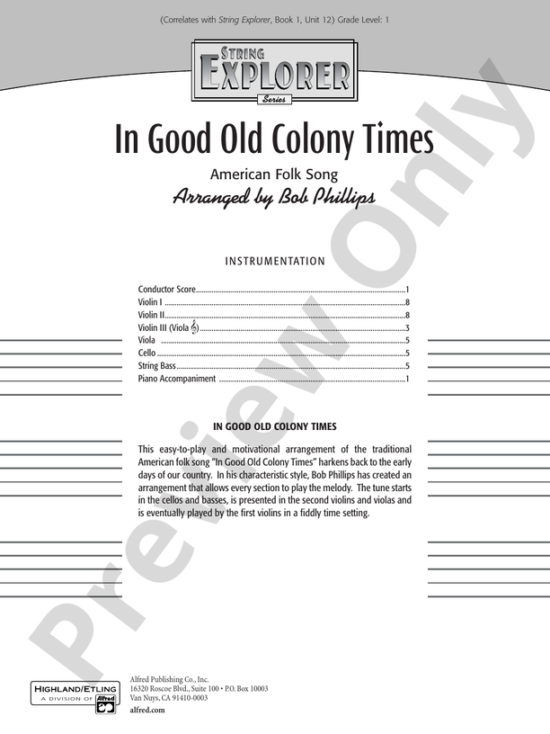In Good Old Colony Times – String Orchestra Conductor Score & Parts (Digital Download)