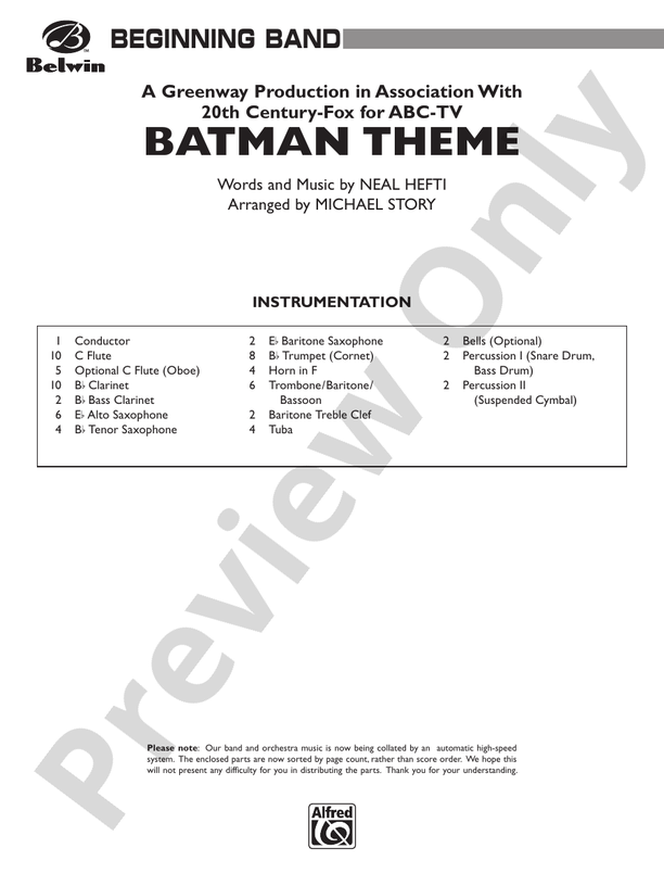 Batman Theme (from the Original TV Series) - Concert Band Conductor Score & Parts (Digital Download)