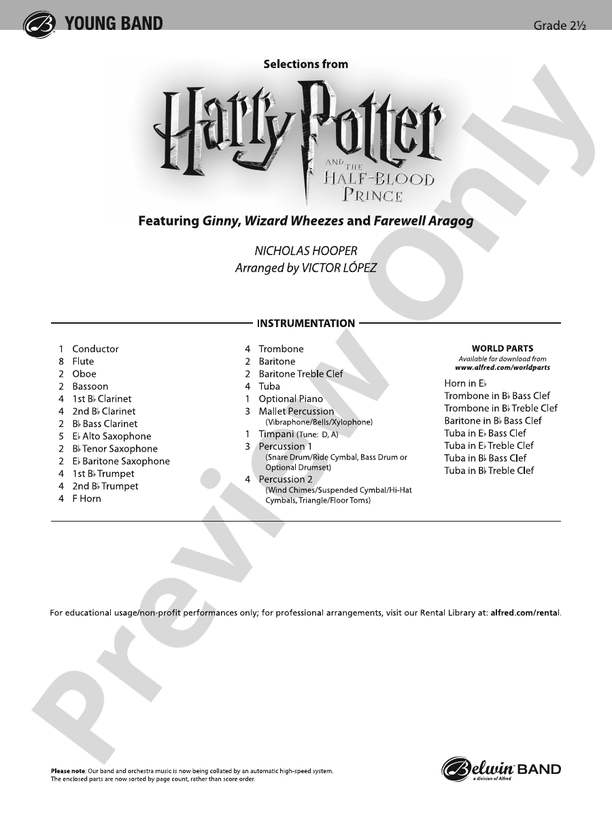 Harry Potter and the Half-Blood Prince, Selections from - Concert Band Conductor Score & Parts (Digital Download)